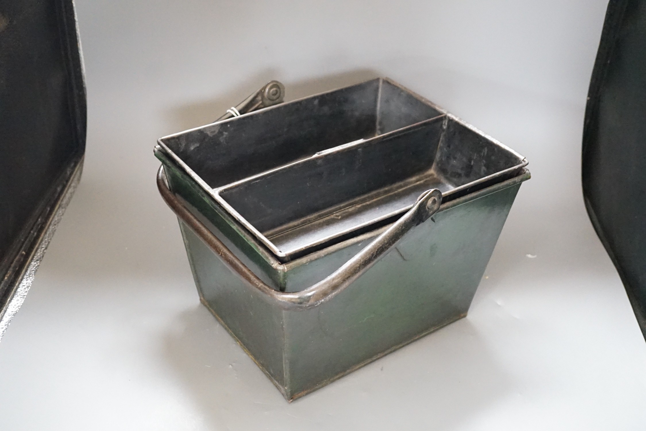 A green painted metal housekeeper's box and tray, 30cms wide x 22cms high